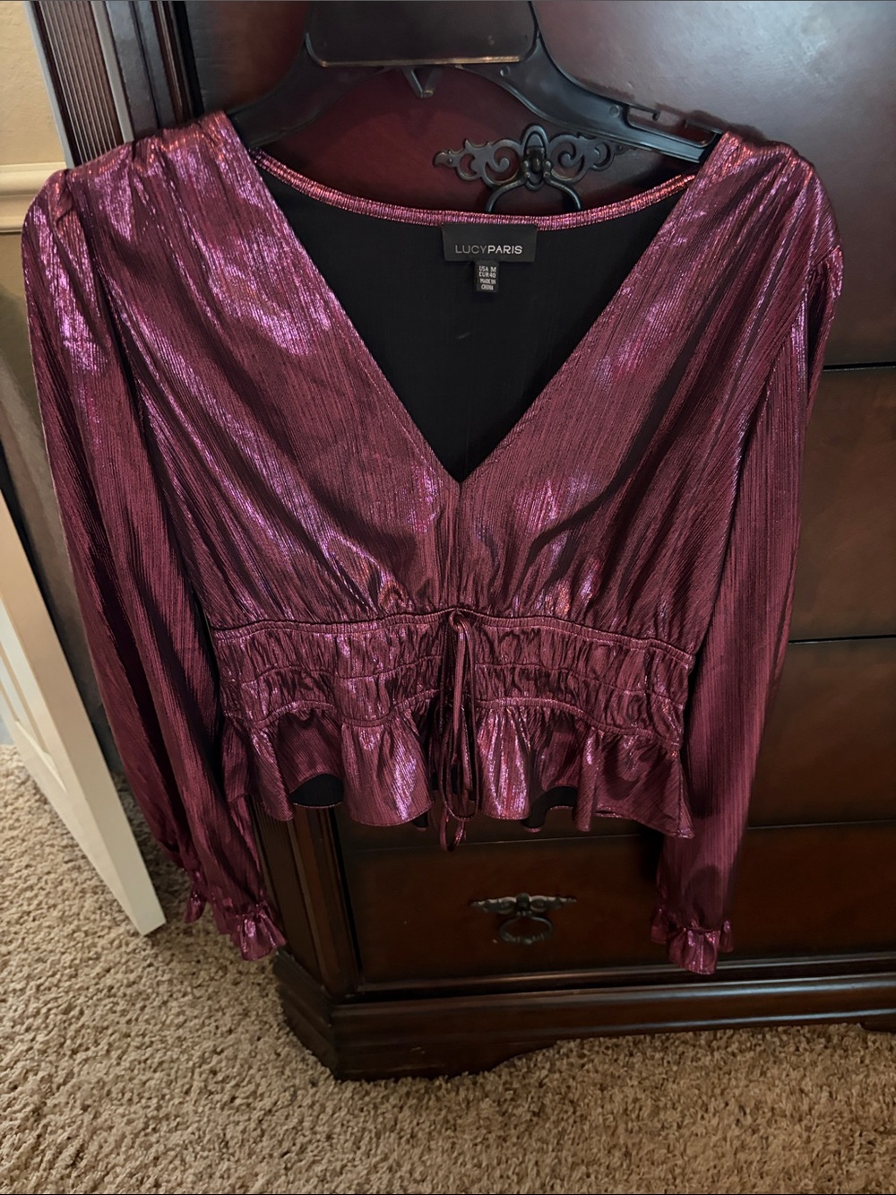 Lucy Paris Shimmery Plum V-Neck Drawstring Peplum Top